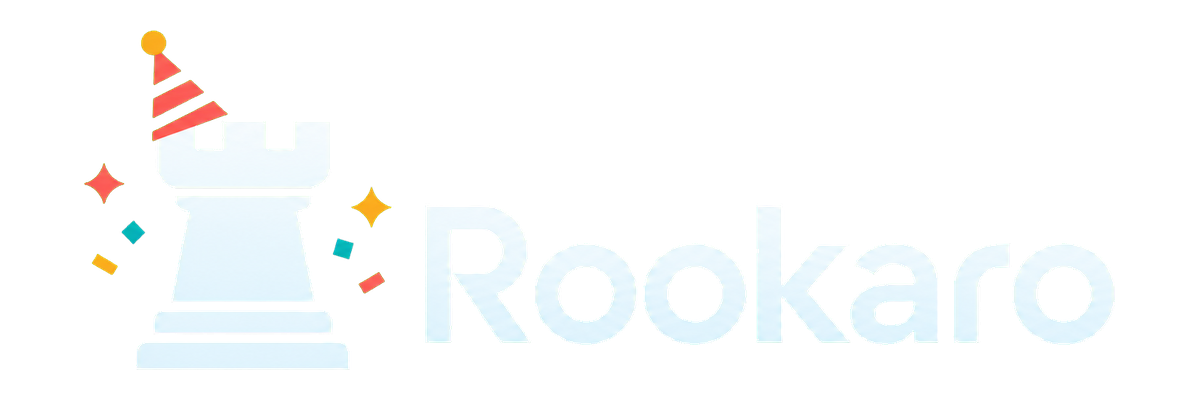 Rookaro — a festive rook chess piece beside the Rookaro wordmark